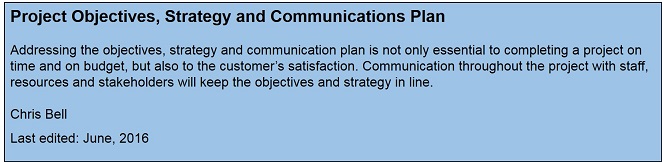 Project Objectives, Strategy and Communications Plan